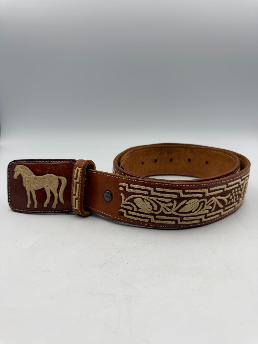 Vintage Western Leather Belt Horse Buckle Size 34